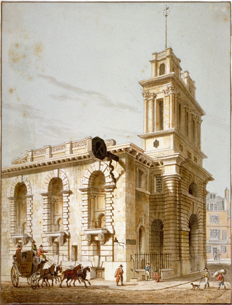Vista nord-ovest della Chiesa di Santa Maria Woolnoth, Città di Londra, 1812 da George Shepherd