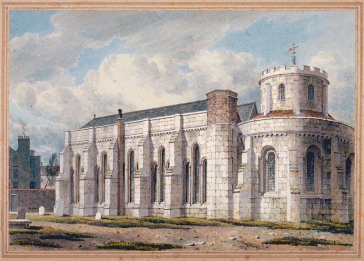 Veduta della Temple Church dal cimitero, Città di Londra, 1811 da George Shepherd