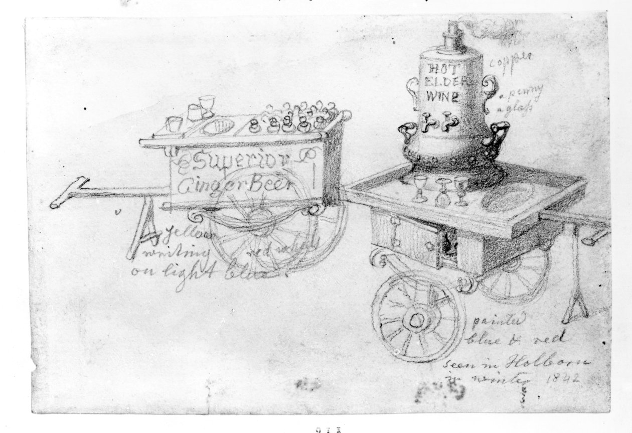 Bancarelle di birra allo zenzero e vino caldo di sambuco a Holborn, 1842 da George Snr Scharf