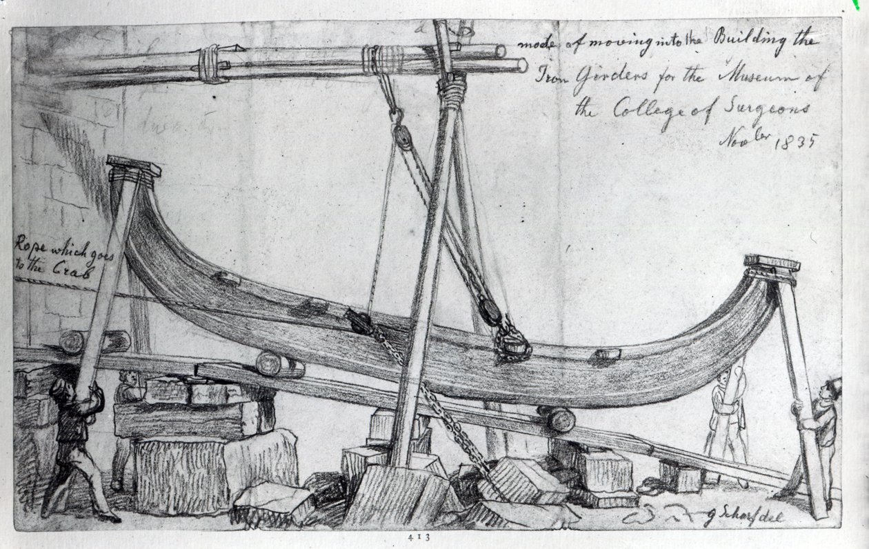 Spostamento delle travi di ferro utilizzate per costruire il Museo Hunterian al Royal College of Surgeons, 1835 da George Snr Scharf