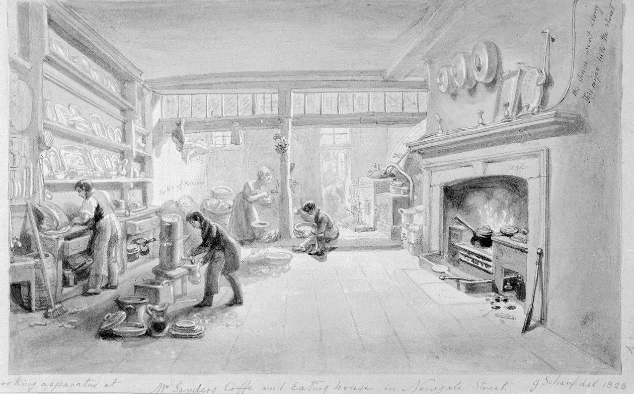 La cucina della caffetteria e ristorante di Mr. Sander, Newgate Street, 1828 da George Snr Scharf