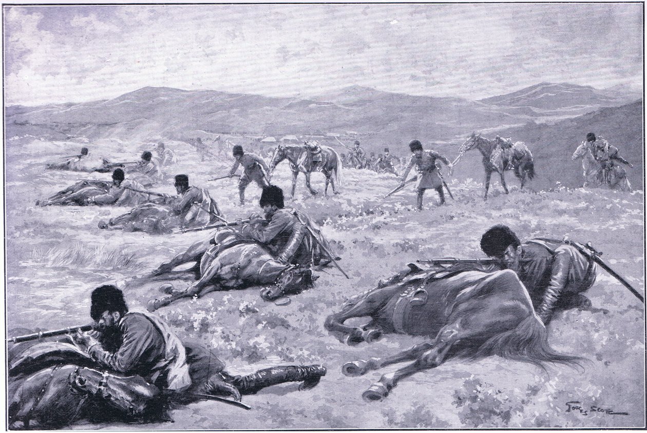 Un cosacco e il suo cavallo: un dispositivo per garantire copertura durante uno scontro, illustrazione da Cassells History of the Russo-Japanese War Vol 1, c.1900 da George Soper