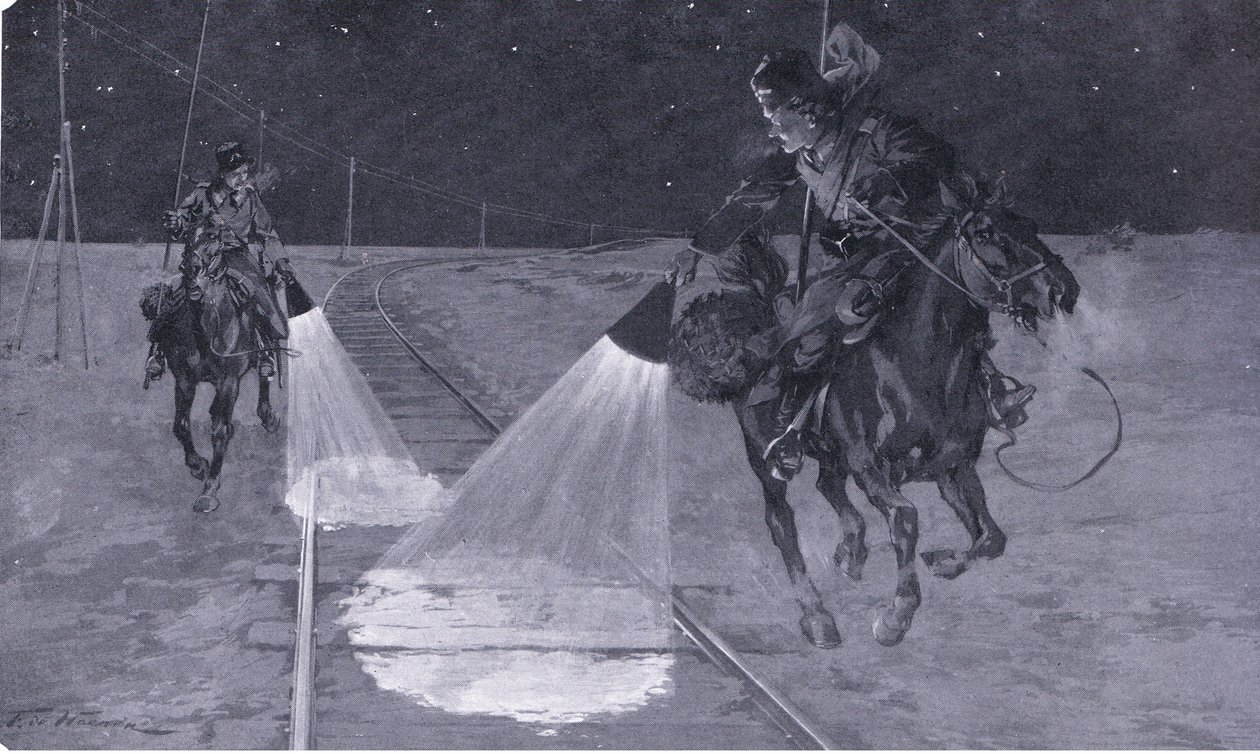 Su una ferrovia manciuriana: Pattuglia notturna, illustrazione da Cassells History of the Russo-Japanese War Vol 1, c.1900 da George Soper