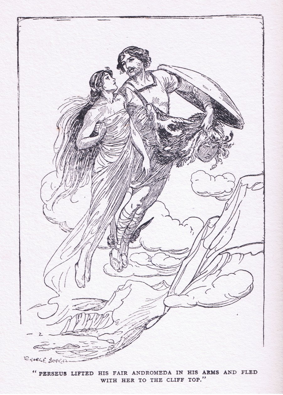 Perseo sollevò la sua bella Andromeda tra le braccia e fuggì con lei verso le cime delle scogliere, da Gli Eroi pubblicato da George Allen e Unwin 1929 da George Soper