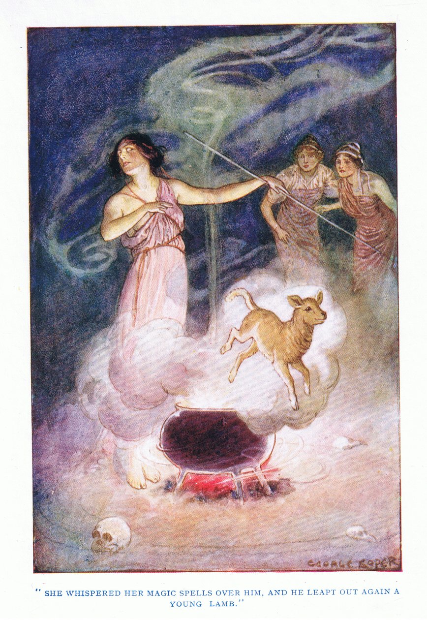 Sussurrò i suoi incantesimi su di lui, e lui saltò fuori di nuovo come un giovane agnello, da Gli Eroi pubblicato da George Allen e Unwin 1929 da George Soper