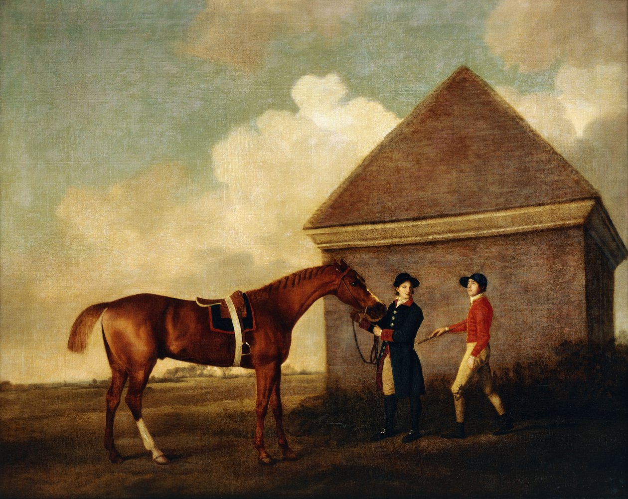 "Eclipse", un Cavallo da Corsa Baio Scuro tenuto da un Groom, con un Fantino, Possibilmente Jack Oakley, vicino alla Casa di Rubbing Down a Newmarket, 1770 da George Stubbs