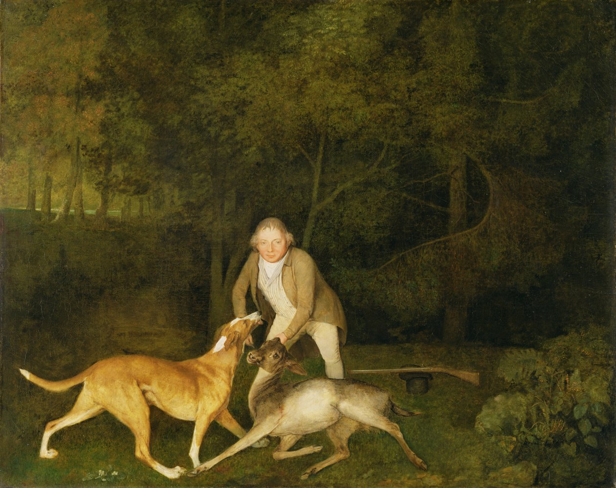 Freeman, il guardiacaccia del conte di Clarendon, con una cerva morente e un cane da George Stubbs