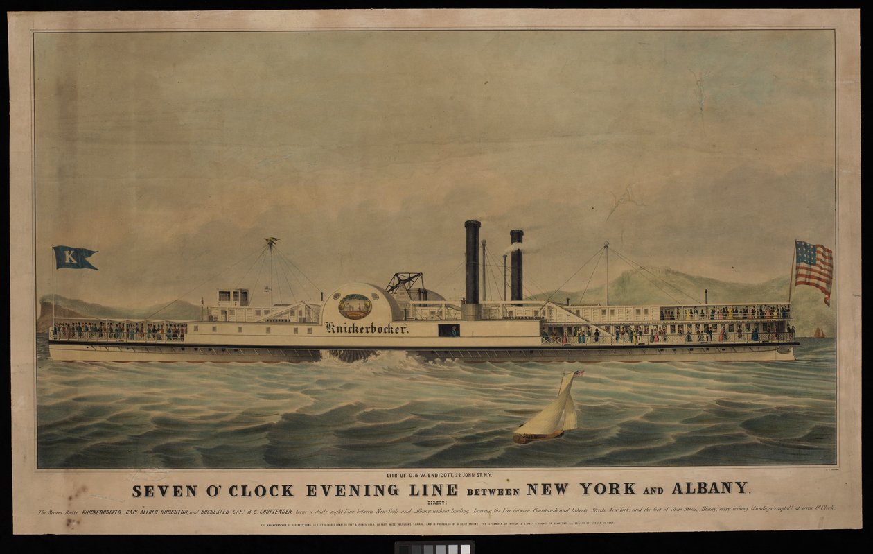 Linea serale delle sette tra New York e Albany, diretta: I battelli a vapore Knickerbocker... e Rochester... da George T. (after) Sanford