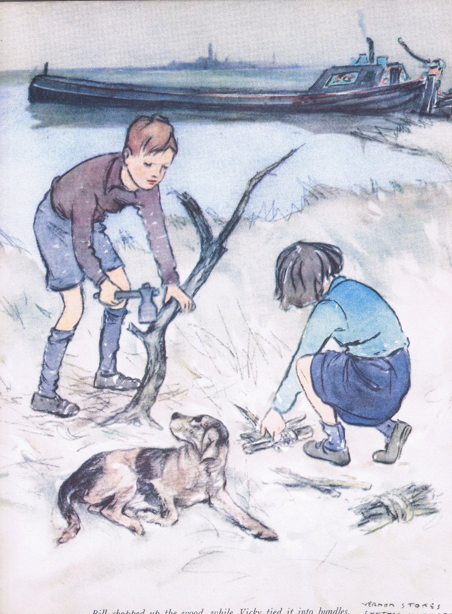 Bill tagliò la legna, mentre Vicky la legò in fascine, da Mudlarks edito da Collins da George Vernon Stokes