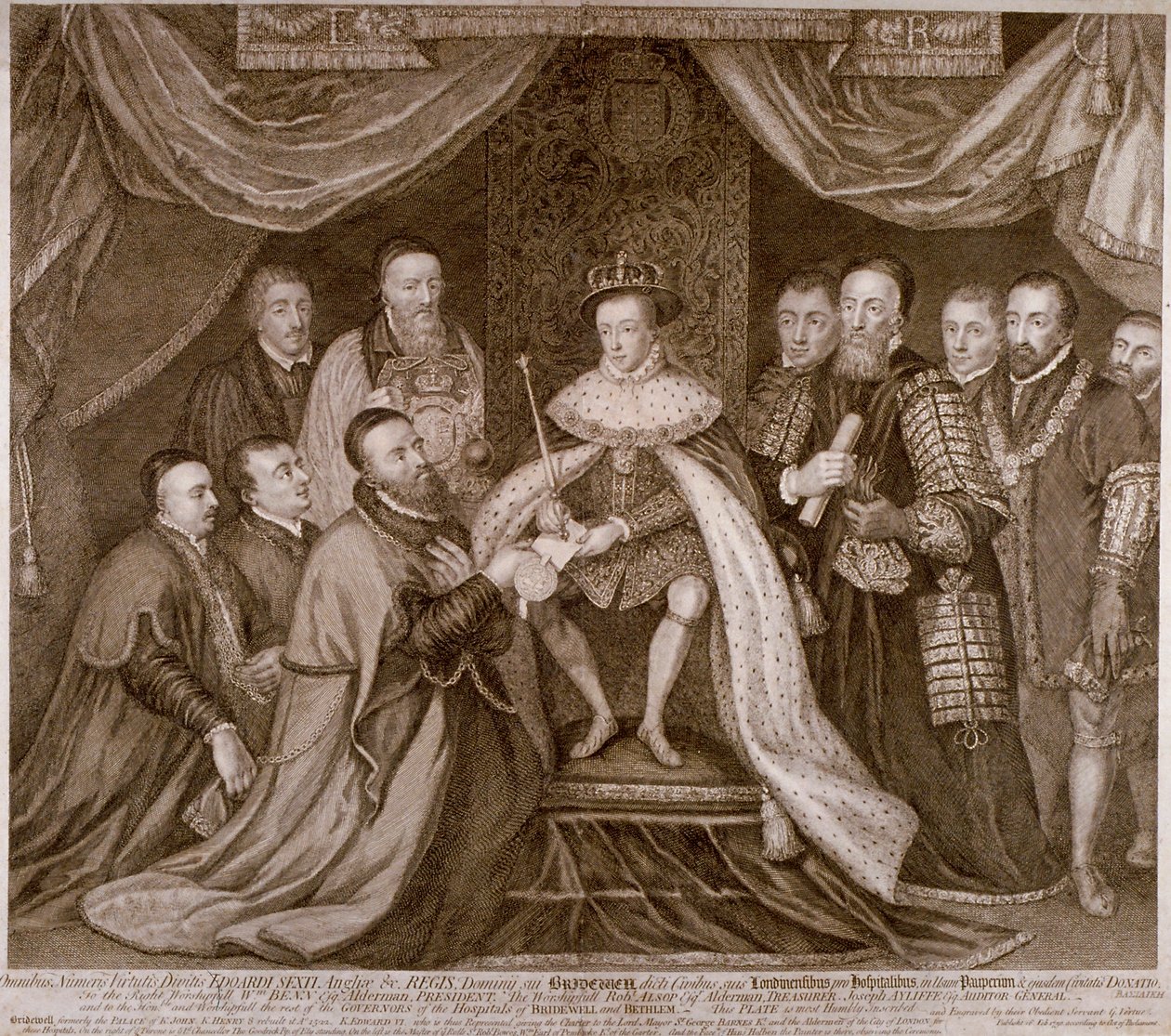 Edoardo VI firma una carta che dona Bridewell alla Città di Londra per una casa di lavoro, 1552 da George Vertue