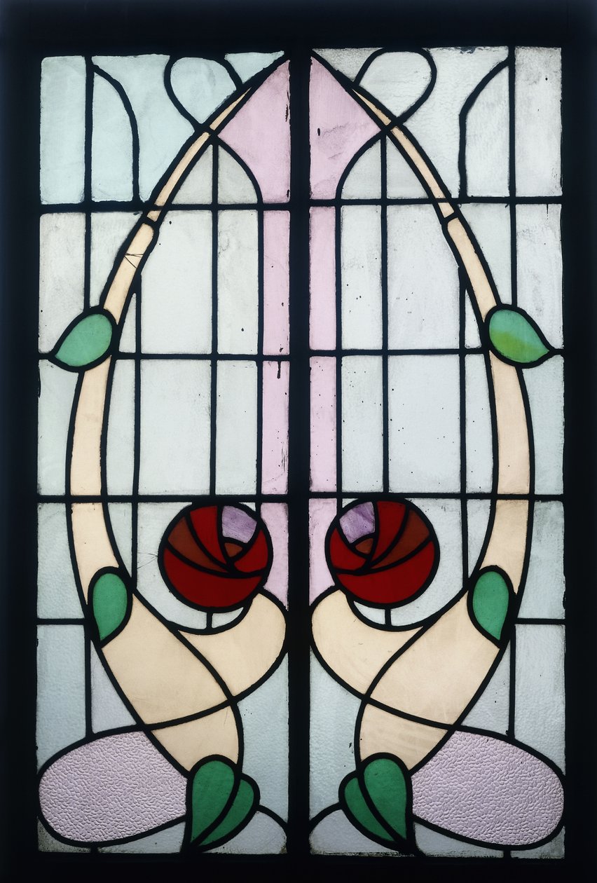 Pannello in vetro colorato raffigurante rose stilizzate da George Walton