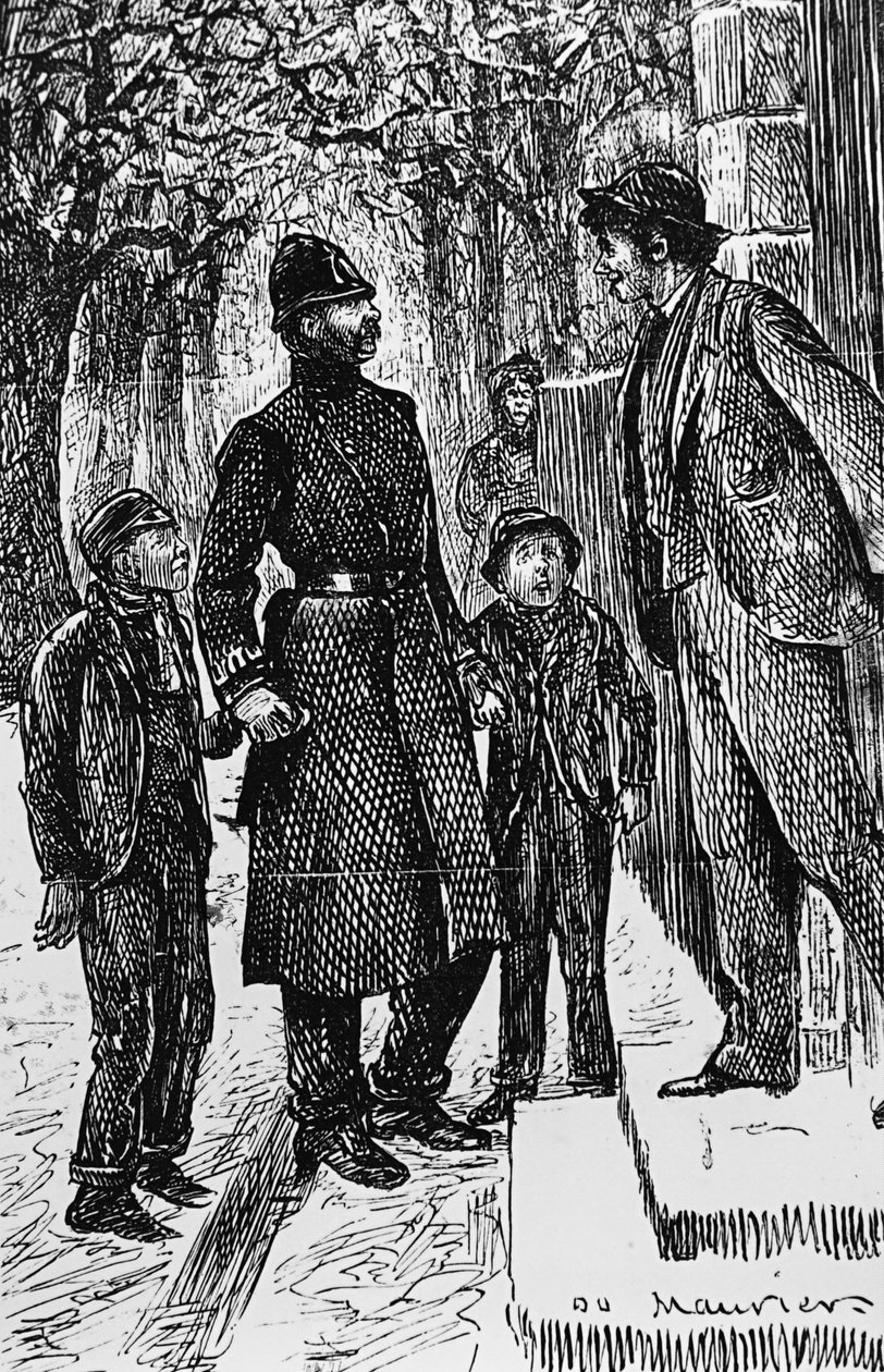 Un poliziotto londinese presenta due ragazzi di strada al gentiluomo davanti alla cui porta hanno fatto una scivolata sul ghiaccio da George du Maurier