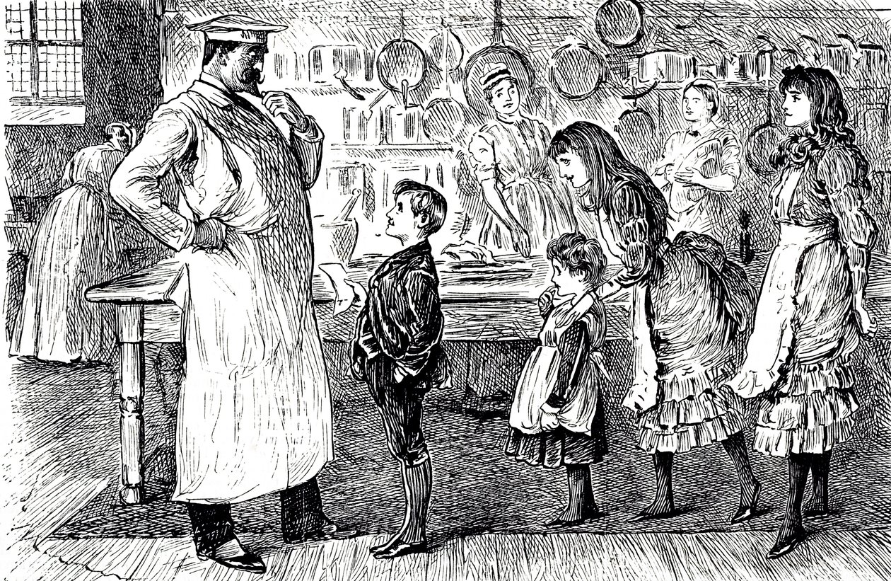 Un cartone animato che raffigura un cuoco che prende ordini dai bambini della casa. Illustrato da George du Maurier (1834-1896) un vignettista e autore franco-britannico da George du Maurier