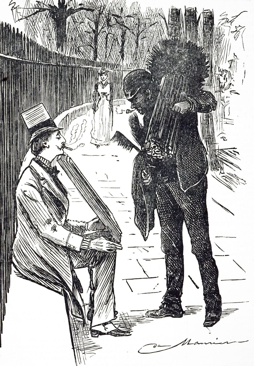 Cartone che raffigura uno spazzacamino che porta le sue spazzole per le strade di Londra da George du Maurier