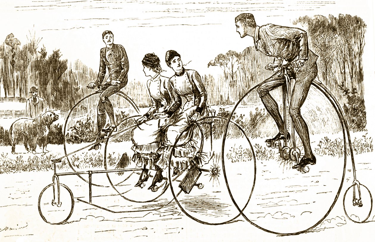 Cartone animato che raffigura un gruppo di giovani che guidano tricicli da George du Maurier