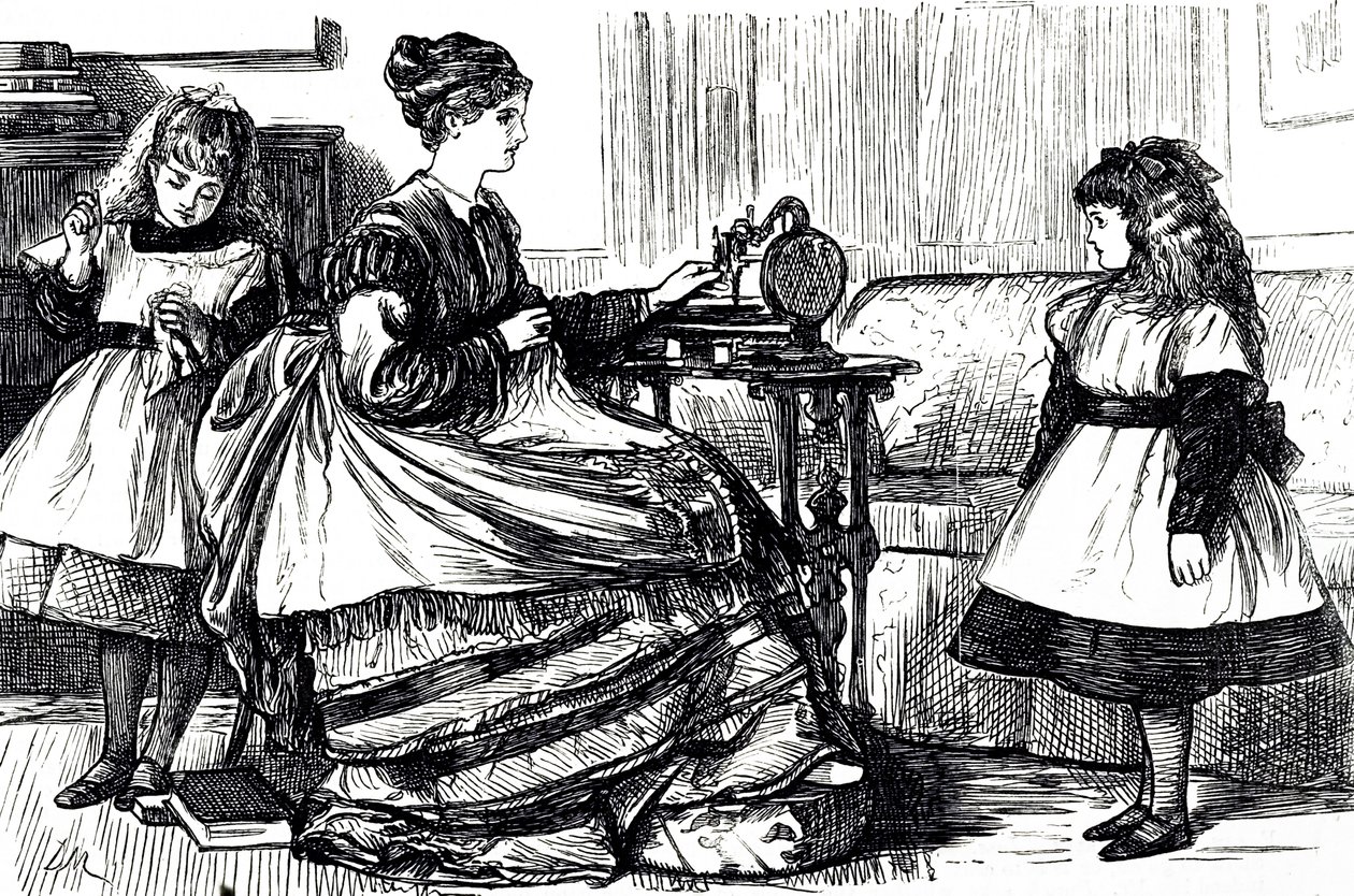 Un fumetto che raffigura una giovane madre che usa una macchina da cucire. Illustrato da George du Maurier (1834-1896) un fumettista e autore franco-britannico da George du Maurier