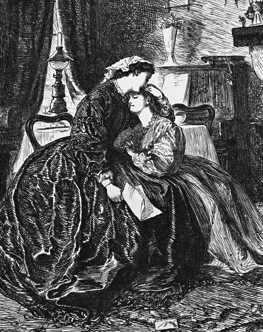 Una madre e una figlia che ricevono notizie della grave malattia del marito/padre da George du Maurier