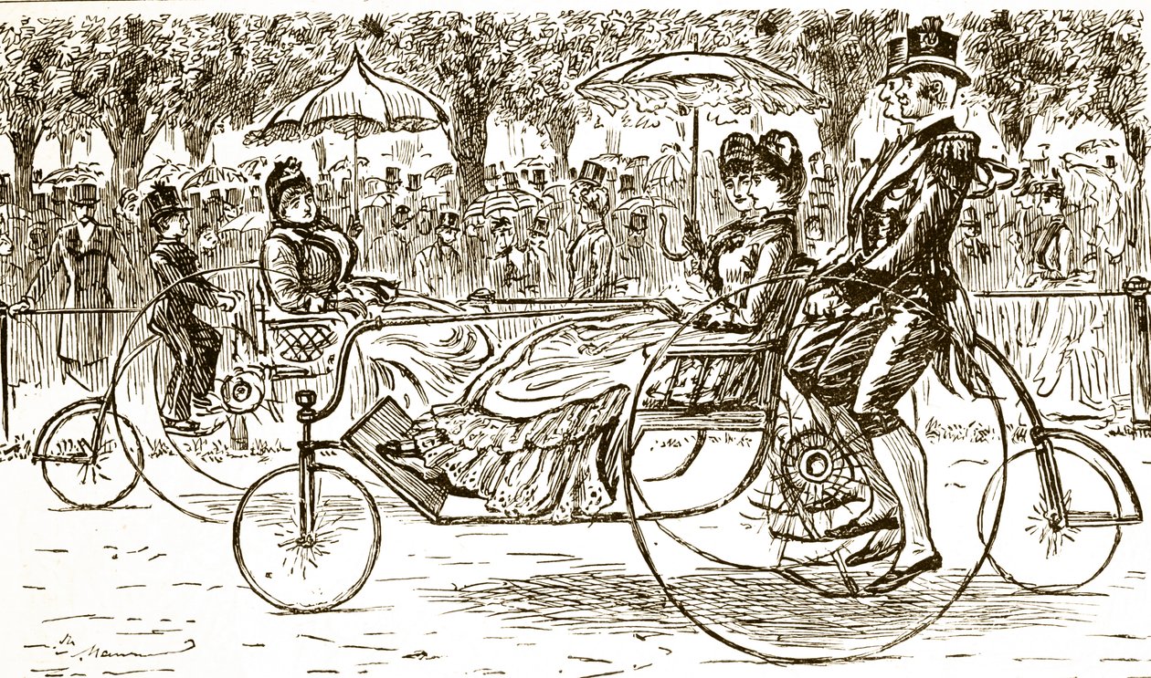 Incisione che raffigura passeggeri che viaggiano in carrozze a bicicletta da George du Maurier