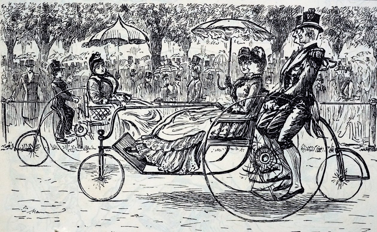 Incisione che raffigura passeggeri che viaggiano in carrozze a bicicletta da George du Maurier