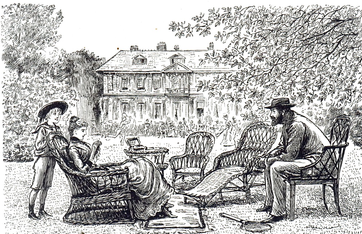 Incisione che raffigura mobili tipici in vimini. Illustrato da George du Maurier da George du Maurier
