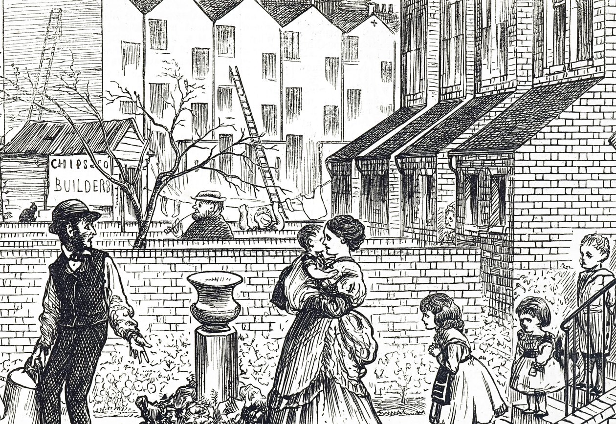 Cartone che commenta la rapida espansione urbana e la costruzione di edifici scadenti da George du Maurier