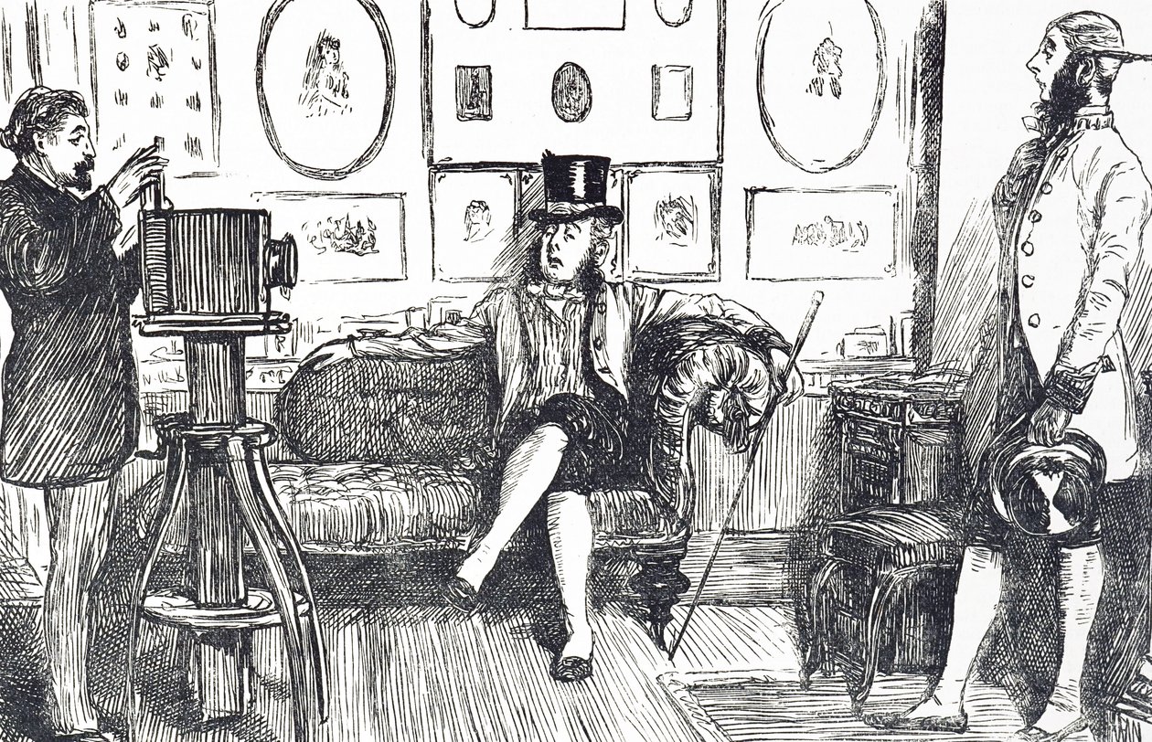 Fumetto che commenta il disagio sofferto quando si fa una fotografia: A causa della lunga esposizione necessaria per i primi processi, il soggetto doveva mantenere una posa per molto tempo e furono prodotti dispositivi ingegnosi per mantenere le persone fe da George du Maurier