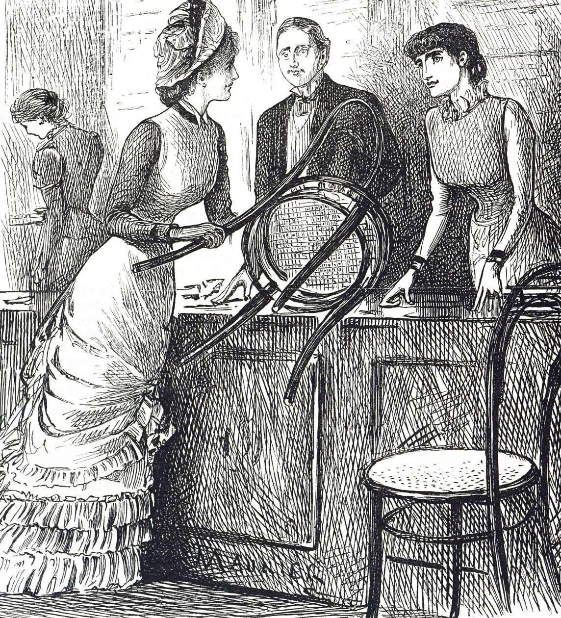 Fumetto che commenta le condizioni di lavoro degli assistenti di negozio da George du Maurier
