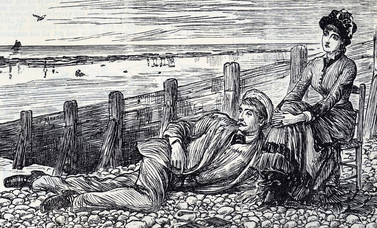 Cartone che raffigura una coppia che si gode la luna di miele su una spiaggia di ciottoli da George du Maurier