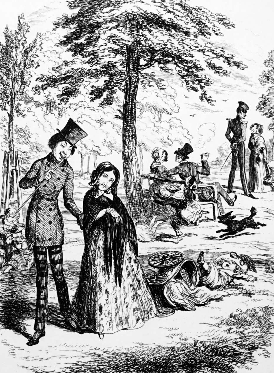 Cartone animato che raffigura una domestica che cammina con il suo amante di George du Maurier (1834-1896) un fumettista e autore franco-britannico da George du Maurier