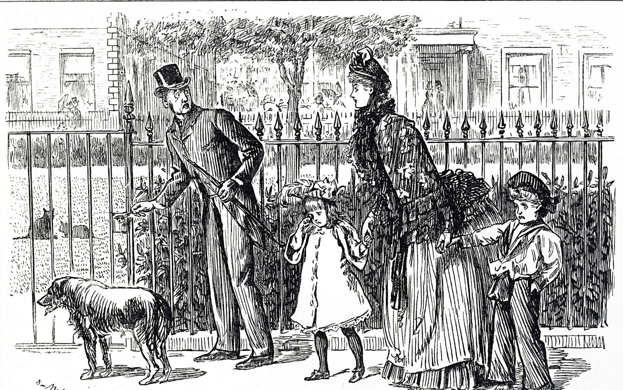 Cartone che raffigura una famiglia che cammina per le strade della Londra vittoriana da George du Maurier