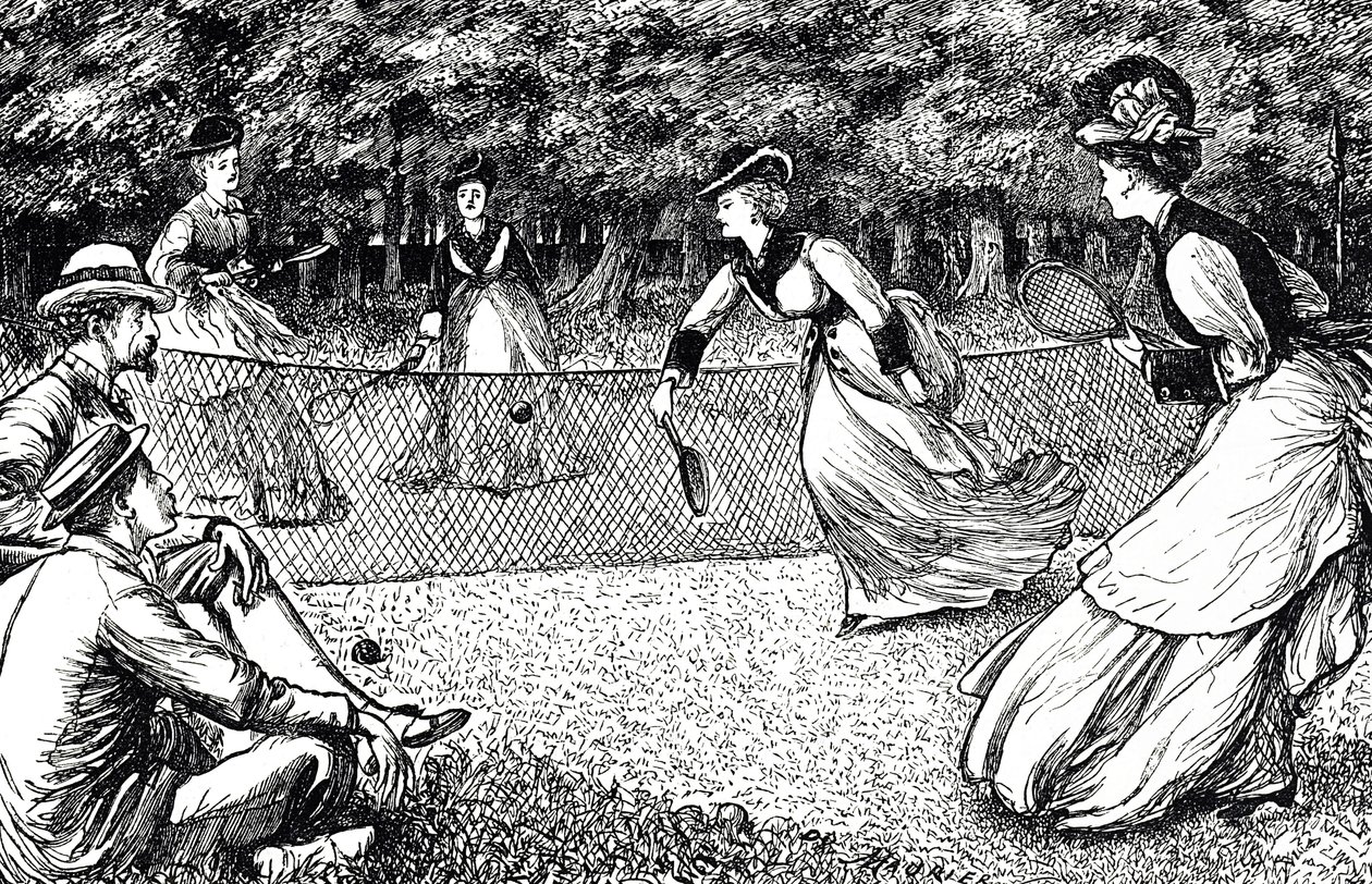 Cartone animato che raffigura una partita di tennis su prato da George du Maurier