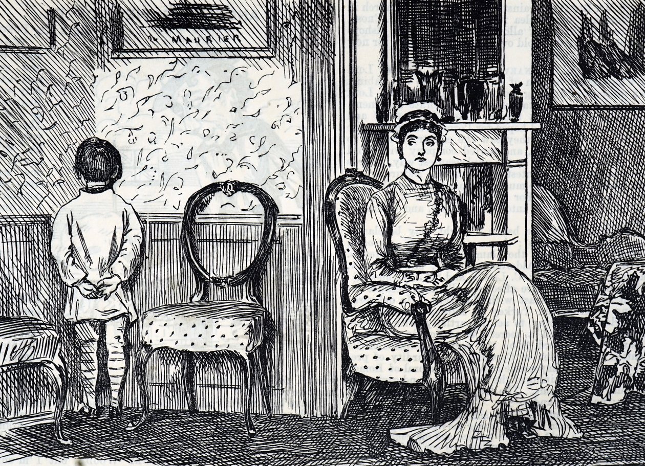 Cartone animato che raffigura una madre che punisce suo figlio facendolo stare di fronte al muro da George du Maurier
