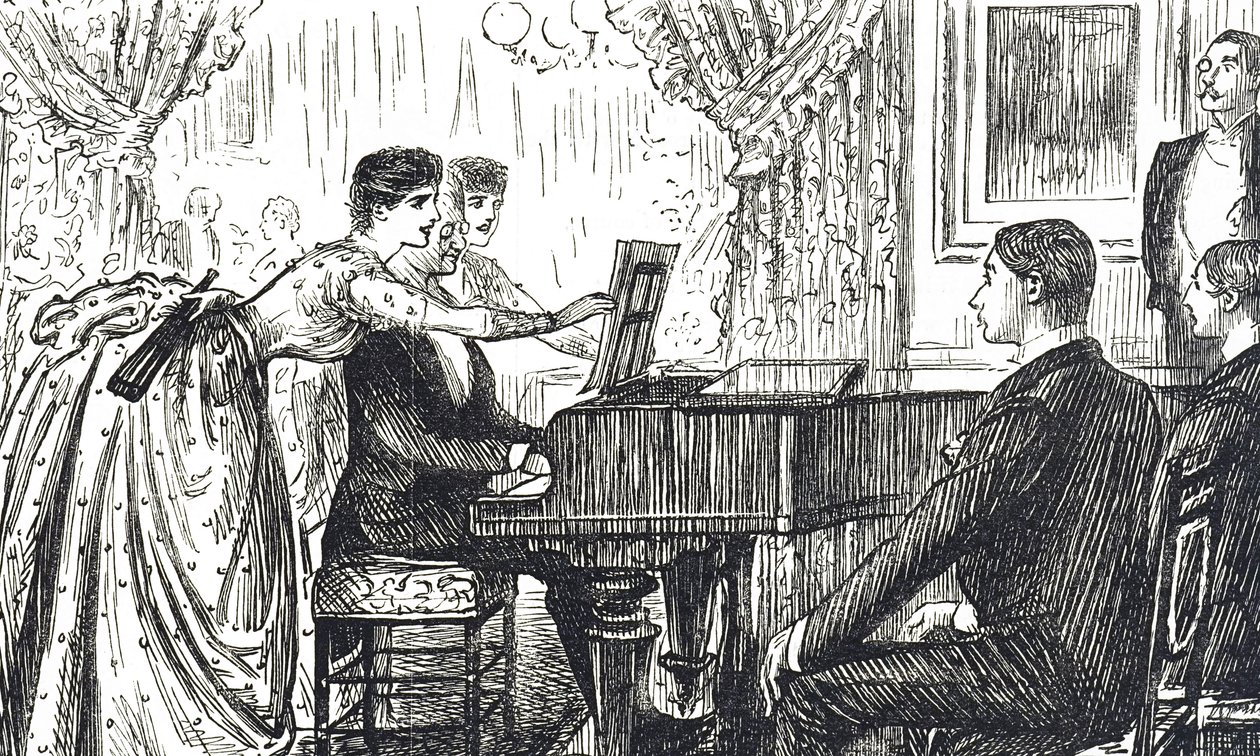 Cartone animato che raffigura una serata musicale a casa da George du Maurier