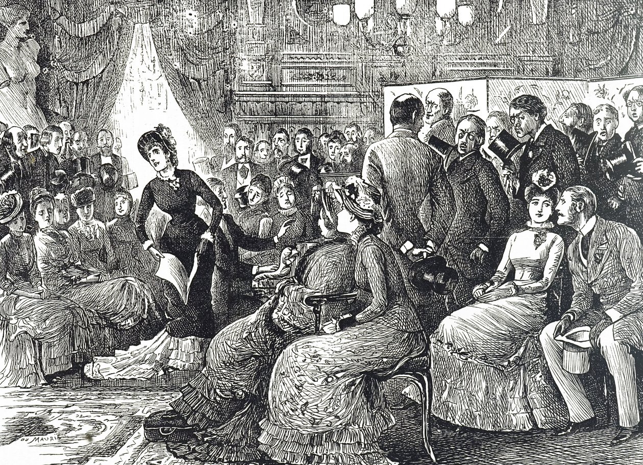 Fumetto che raffigura un tipico concerto in salotto da George du Maurier