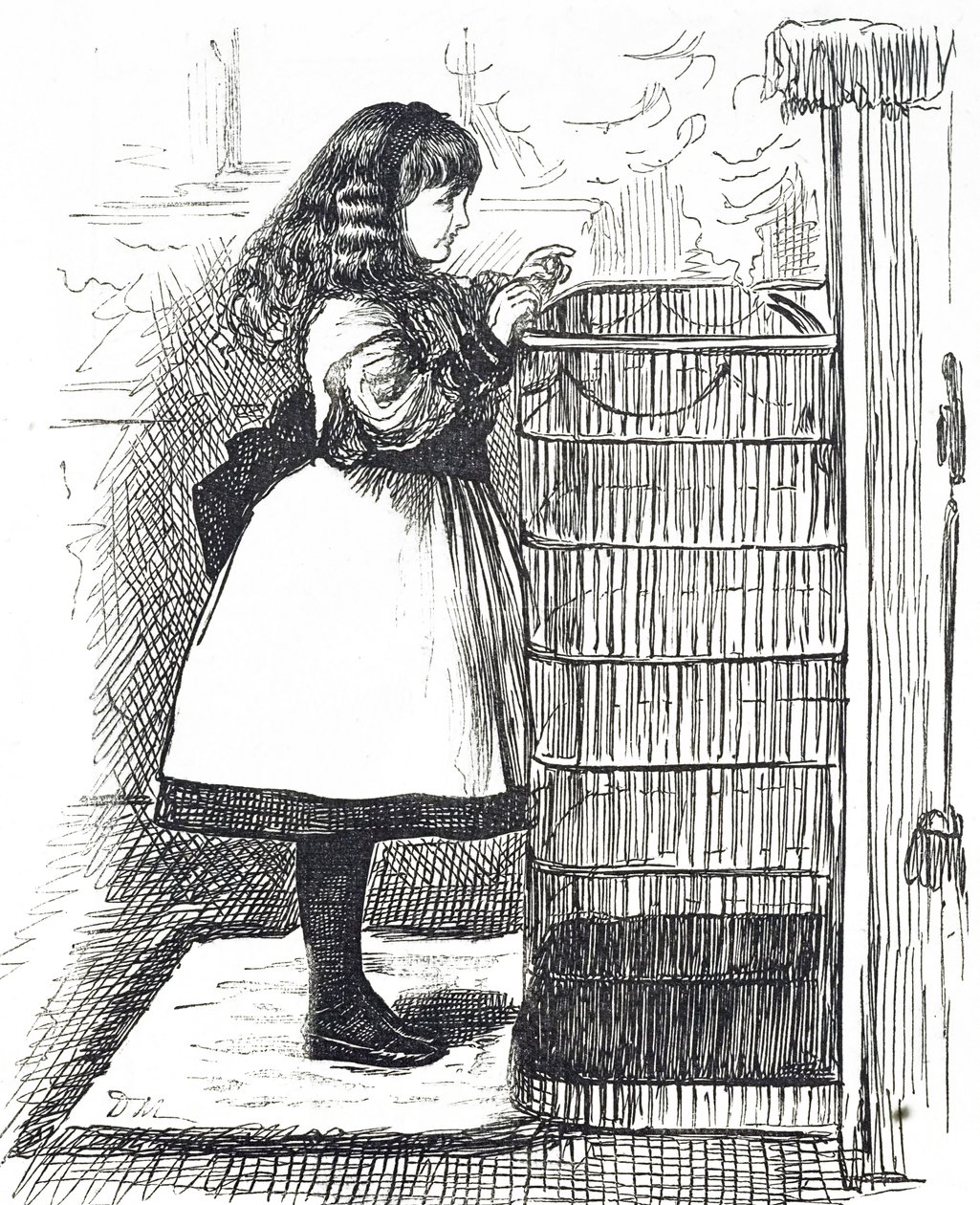 Cartone animato che raffigura una giovane ragazza davanti a un grande parascintille da George du Maurier