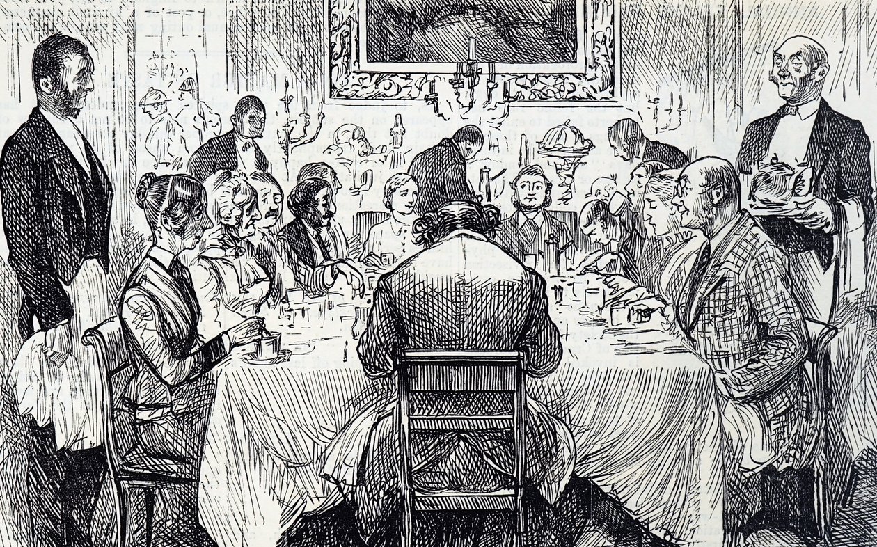 Cartone animato che raffigura una serata elegante in una casa vittoriana da George du Maurier