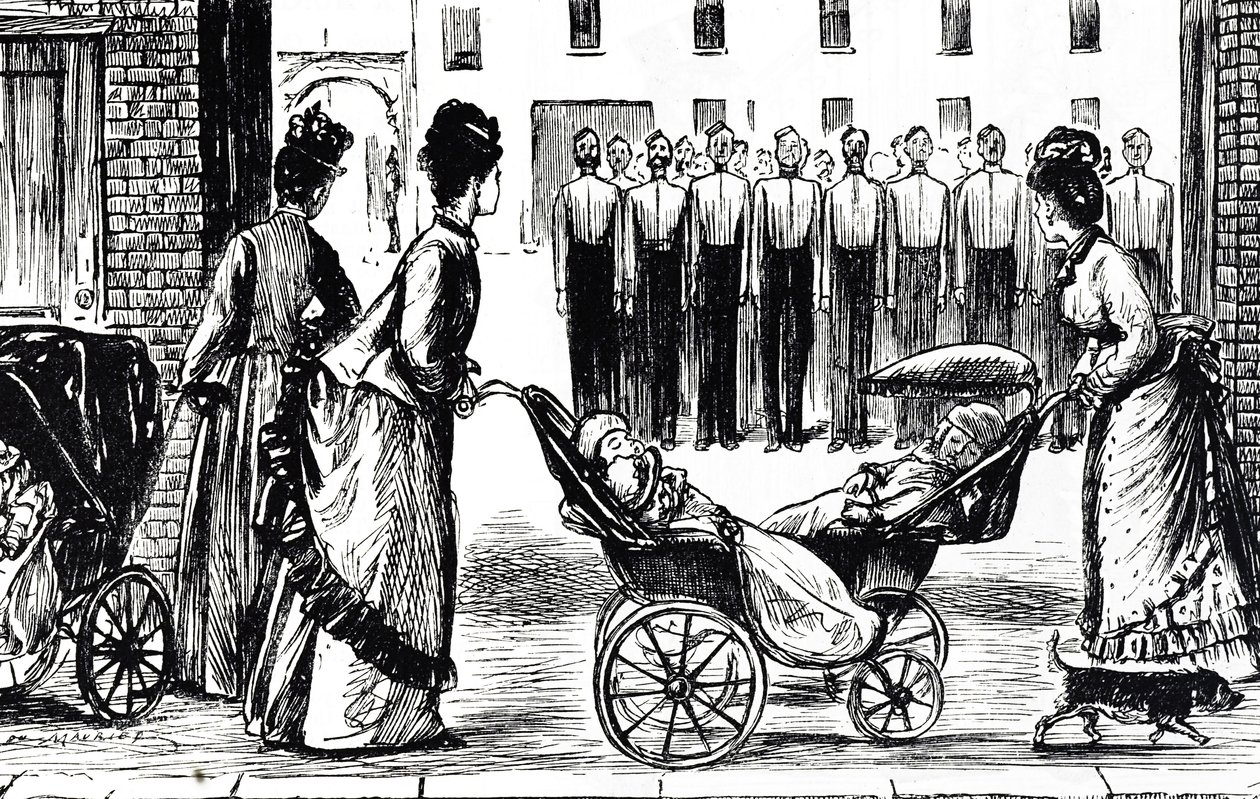 Cartone animato che raffigura bambinaie che spingono le loro carrozzine davanti alla caserma da George du Maurier