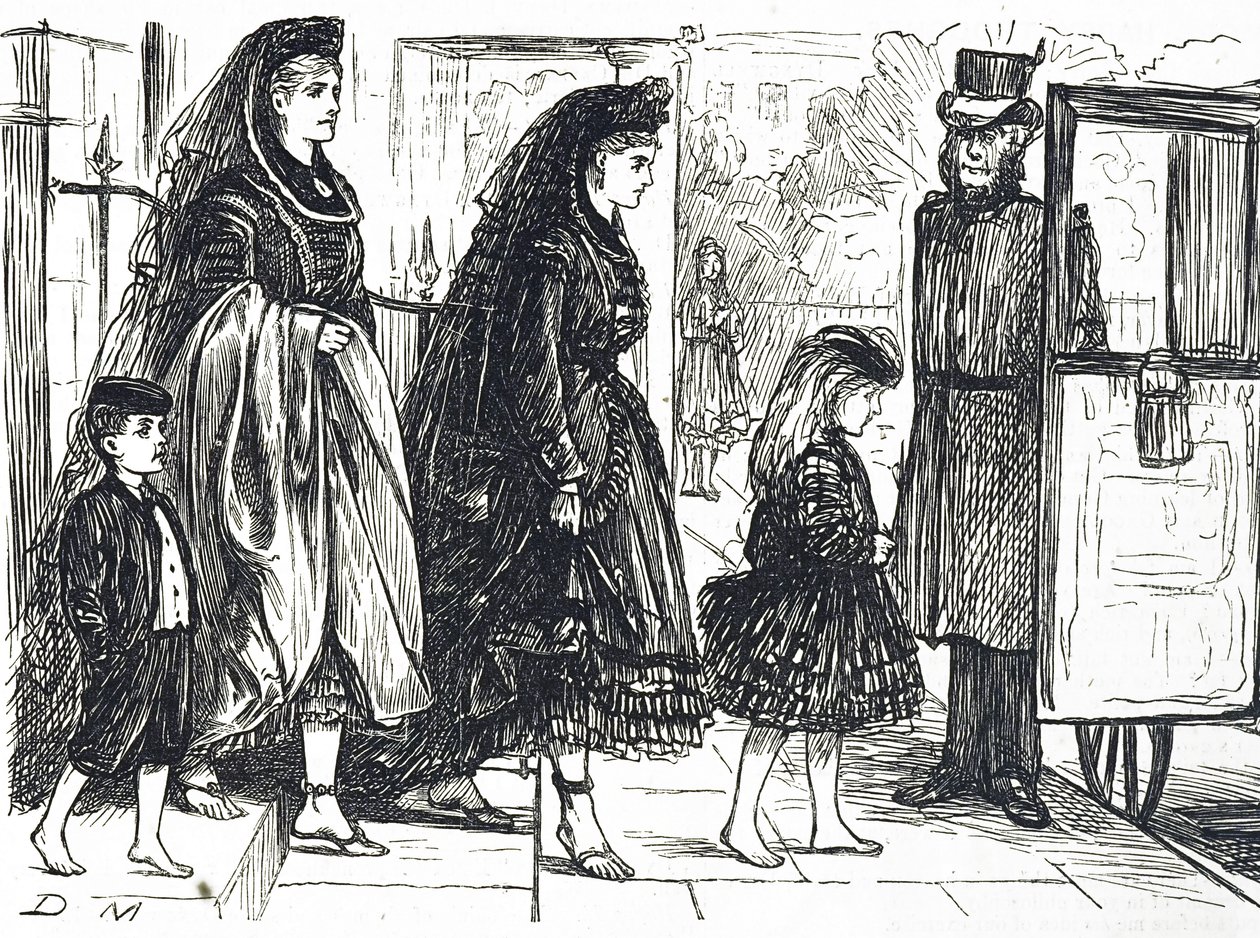 Fumetto che raffigura persone che usano calzature naturali per evitare piedi deformati da George du Maurier