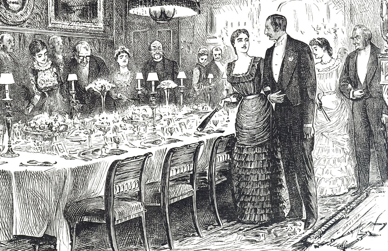 Cartone animato intitolato "Andando a Cena" che raffigura una giovane coppia che entra in una sala da pranzo da George du Maurier