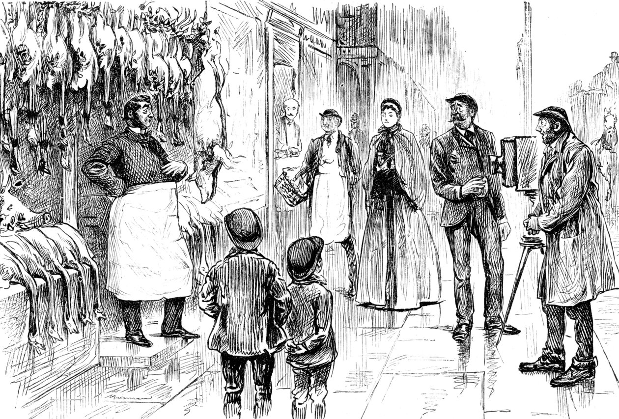 Incisione che raffigura un macellaio e pollivendolo fotografato davanti alla sua esposizione natalizia da George du Maurier. George du Maurier (1834-1896) un caricaturista e autore franco-britannico. Datato XIX secolo da George du Maurier
