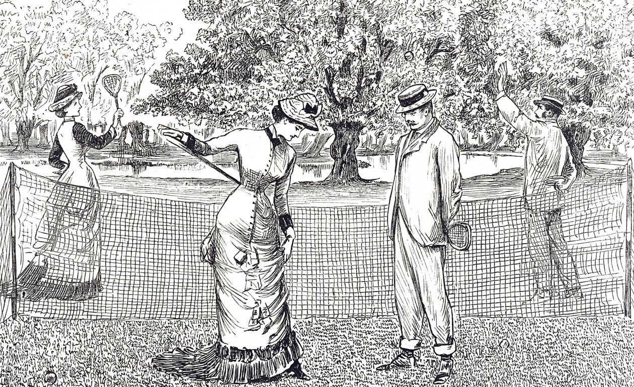 Incisione che raffigura una giocatrice di tennis a disagio a causa delle sue nuove scarpe di gomma da George du Maurier