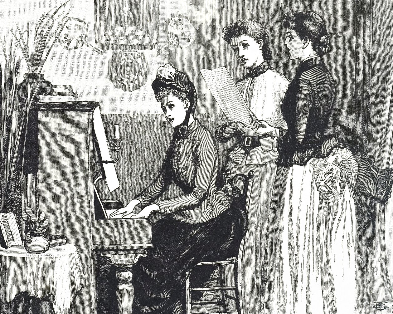 Incisione che raffigura giovani donne che cantano nel salotto da George du Maurier