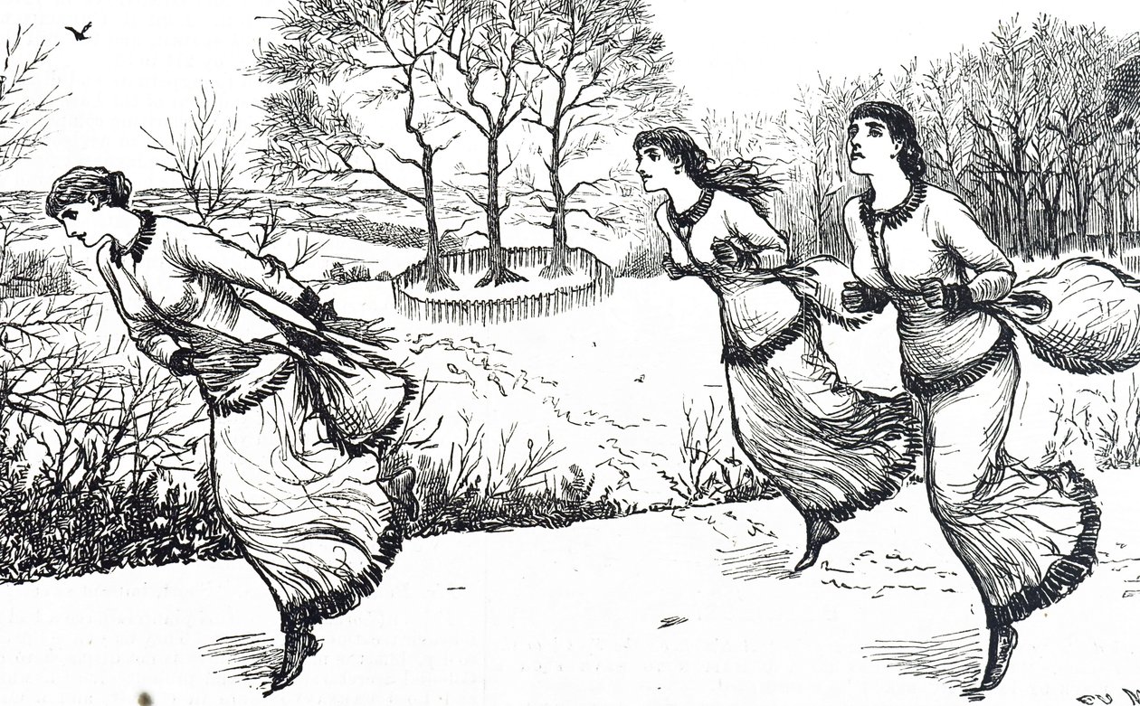 Illustrazione che raffigura ragazze che tracciano il percorso per la lepre e i cani da George du Maurier