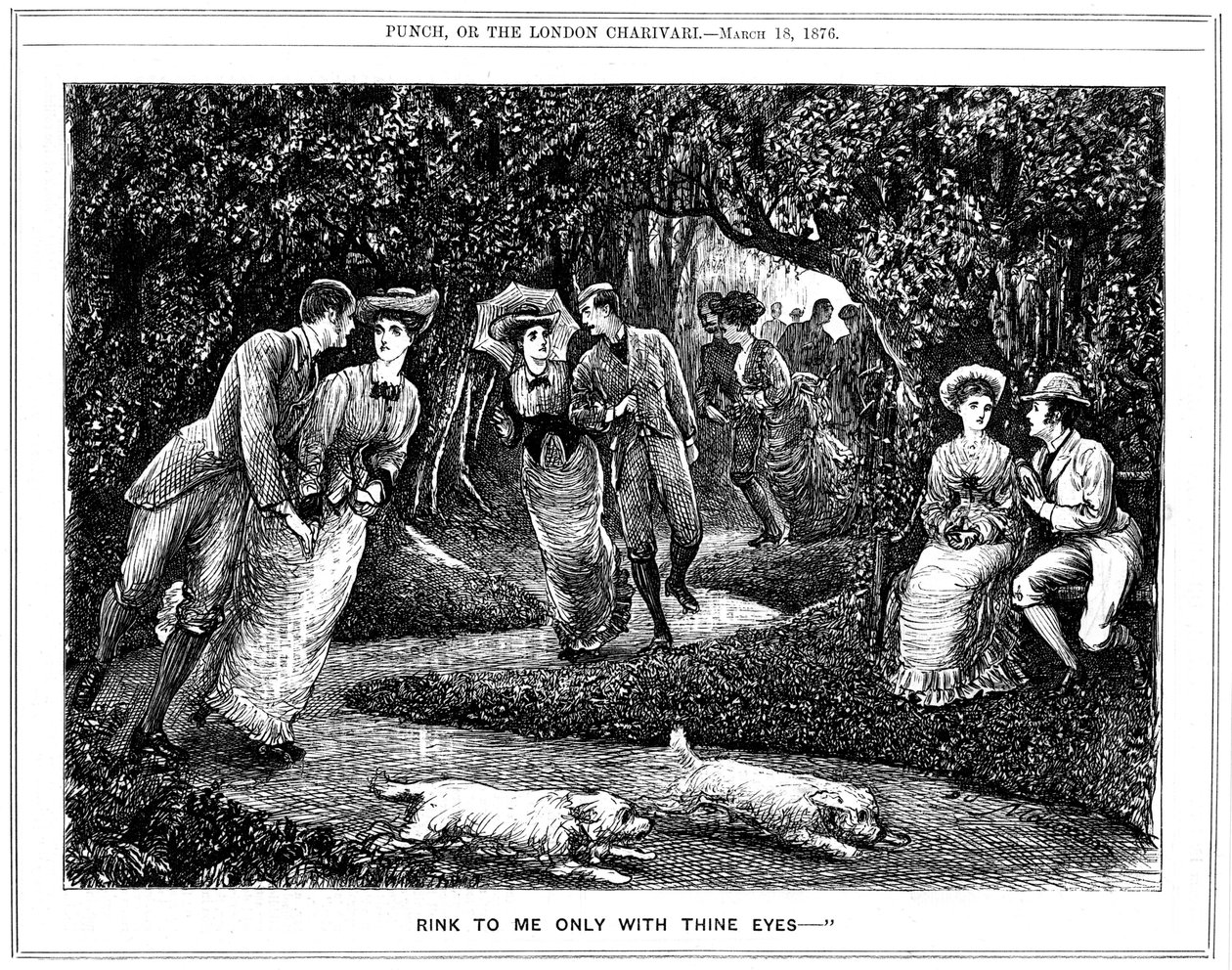 Crescente popolarità del pattino a rotelle. Cartone animato di George du Maurier da Punch da George du Maurier