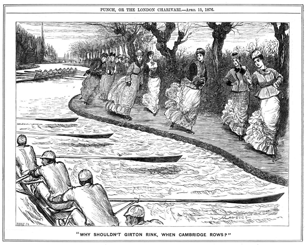 Pattinaggio a rotelle molto di moda. Studentesse di Girton sul sentiero che salutano i rematori sul fiume. George du Maurier cartone da Punch, Londra da George du Maurier