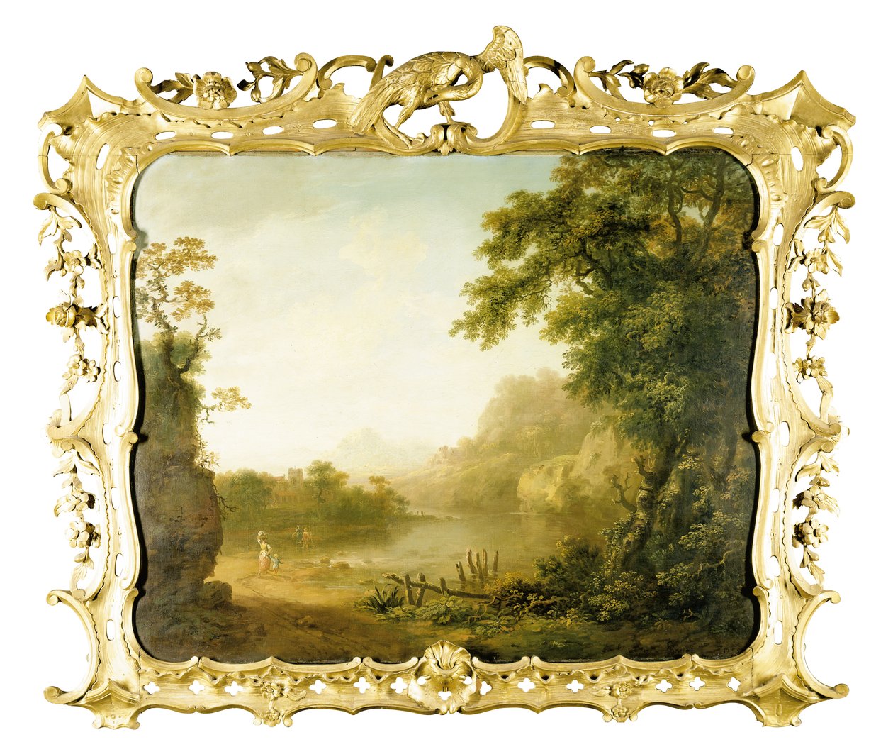 Paesaggio fluviale italianizzato con figure in primo piano e un villaggio oltre da George the Elder Barret