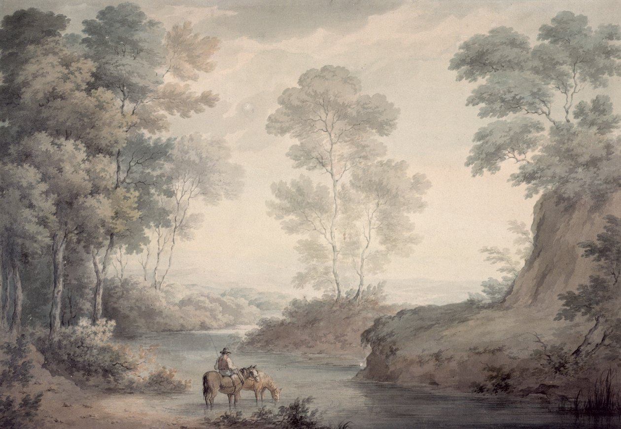Paesaggio con Fiume e Cavalli che si Abbeverano da George the Elder Barret