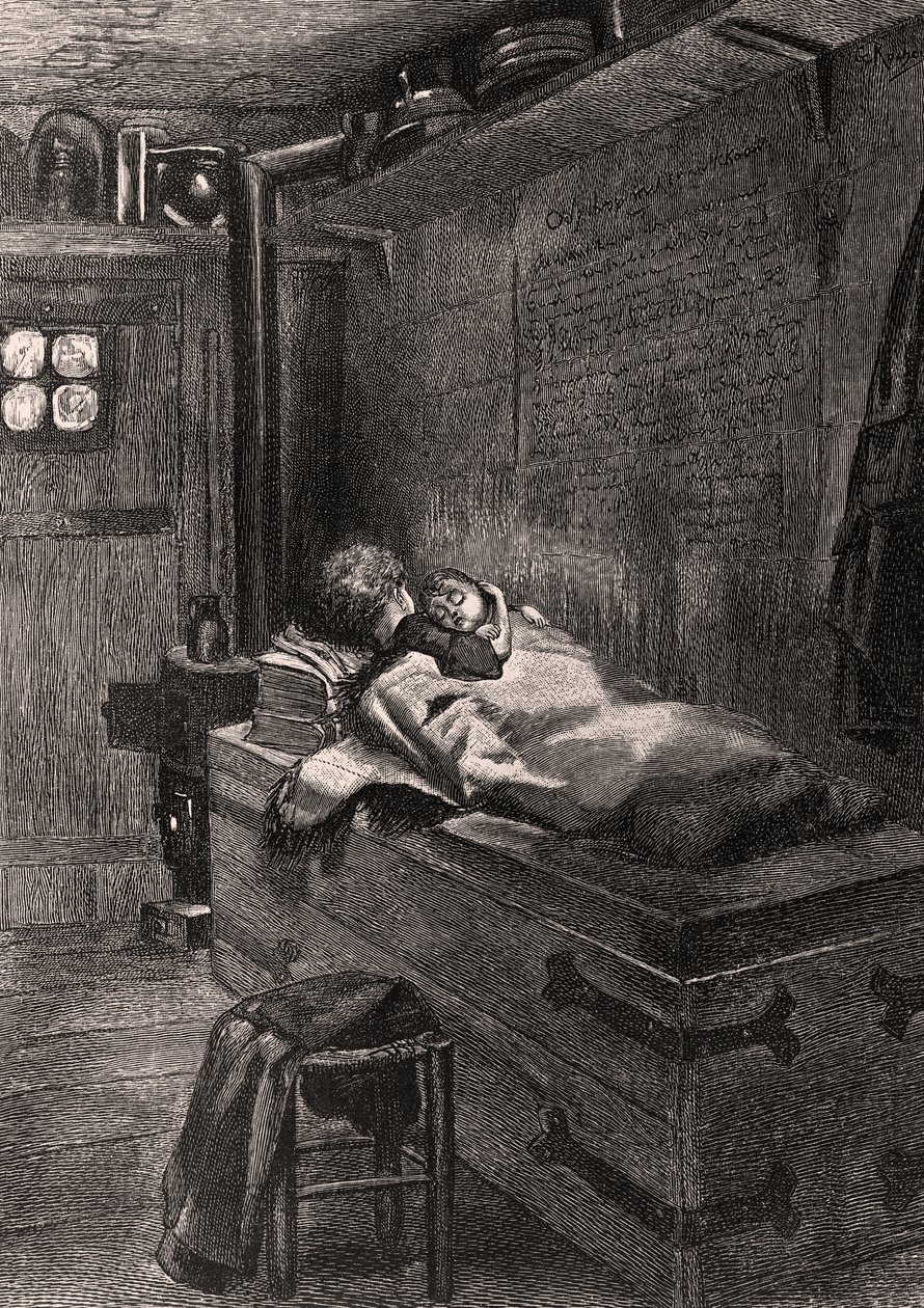 Gwynplaine e Dea che dormono su un baule - illustrazione da 