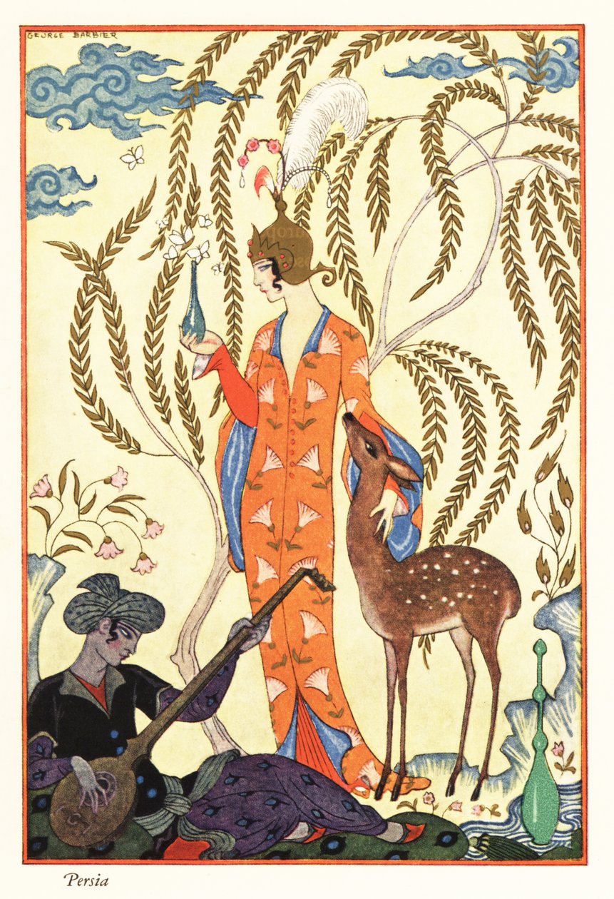 Una donna tiene una fiaschetta di profumo, antica Persia da Georges Barbier