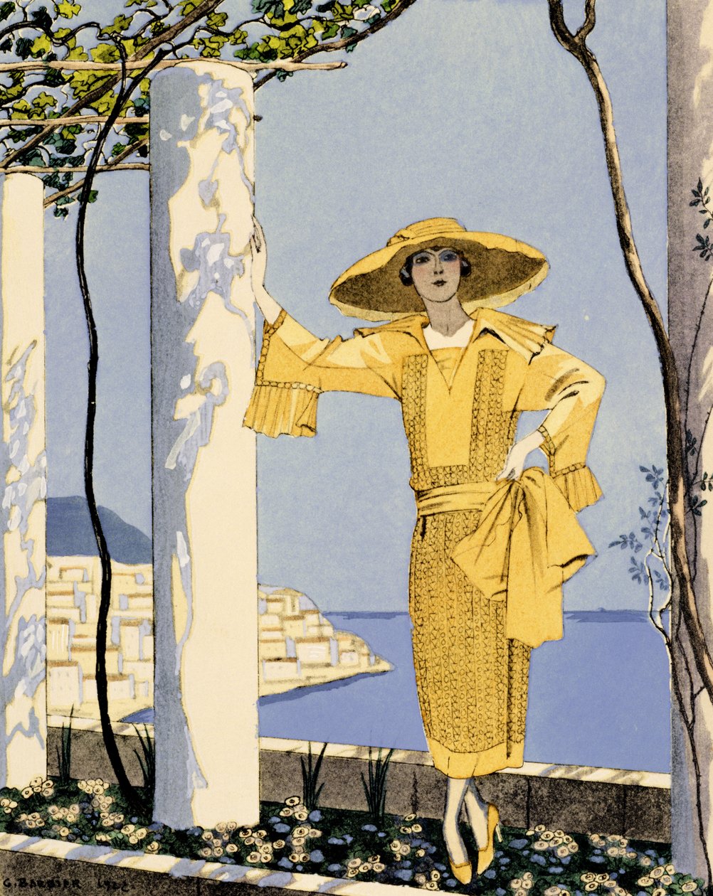 Amalfi, illustrazione di una donna in un vestito giallo di Worth da Georges Barbier